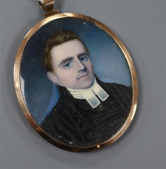 An early 19th century oil on ivory miniature of a cleric with hair back 6.5 x 5.5cm